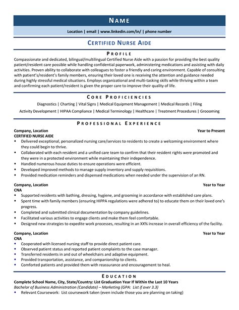 Sample resume for certified nurse aide
